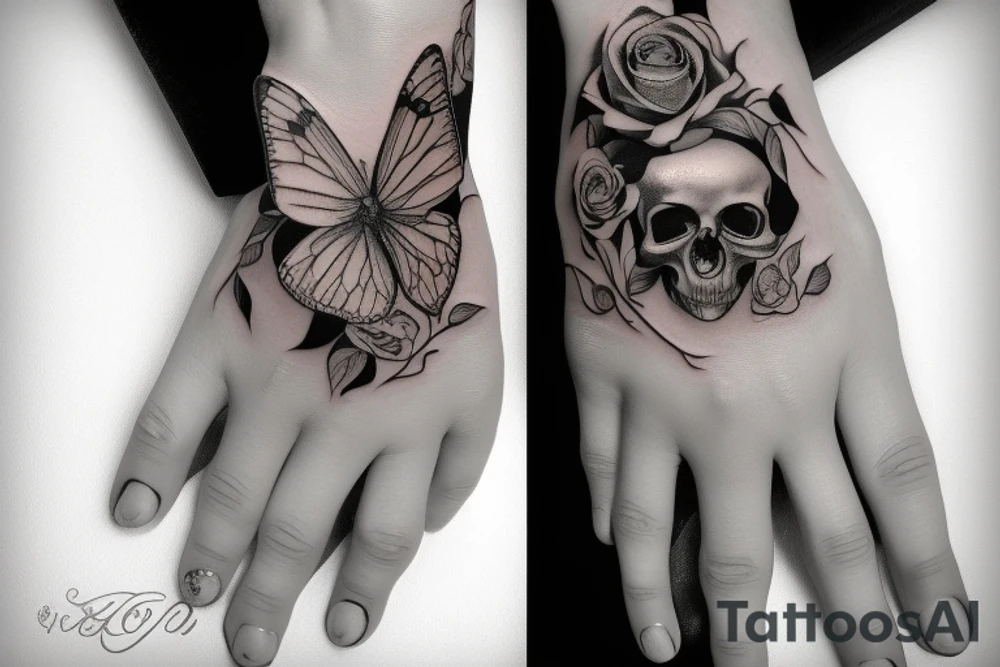 Hand tattoo with rose butterfly skull hearts tattoo idea