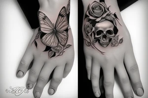 Hand tattoo with rose butterfly skull hearts tattoo idea