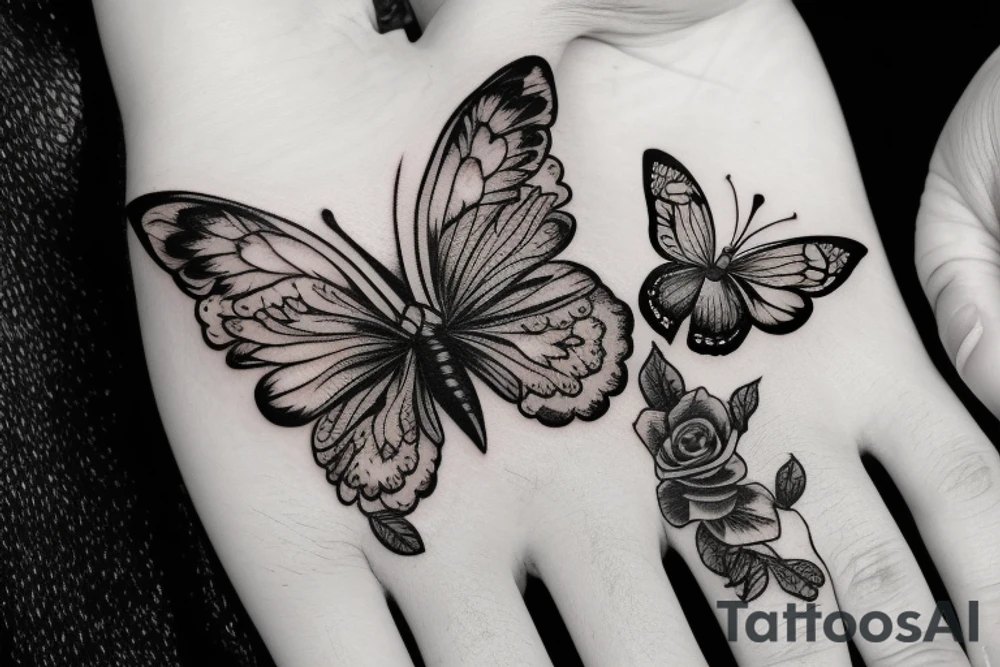 Hand tattoo with rose butterfly skull hearts tattoo idea