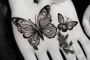 Hand tattoo with rose butterfly skull hearts tattoo idea