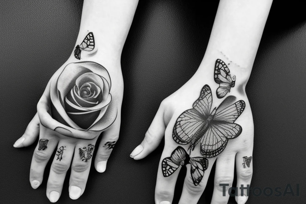 Hand tattoo with rose butterfly skull hearts tattoo idea