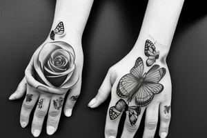 Hand tattoo with rose butterfly skull hearts tattoo idea