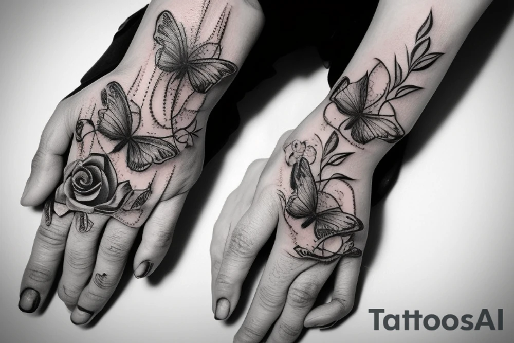 Hand tattoo with rose butterfly skull hearts snake cross tattoo idea