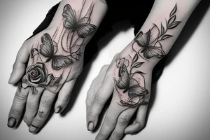 Hand tattoo with rose butterfly skull hearts snake cross tattoo idea