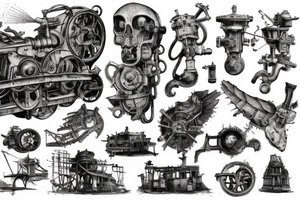 Steam-powered machine in a derelict city tattoo idea