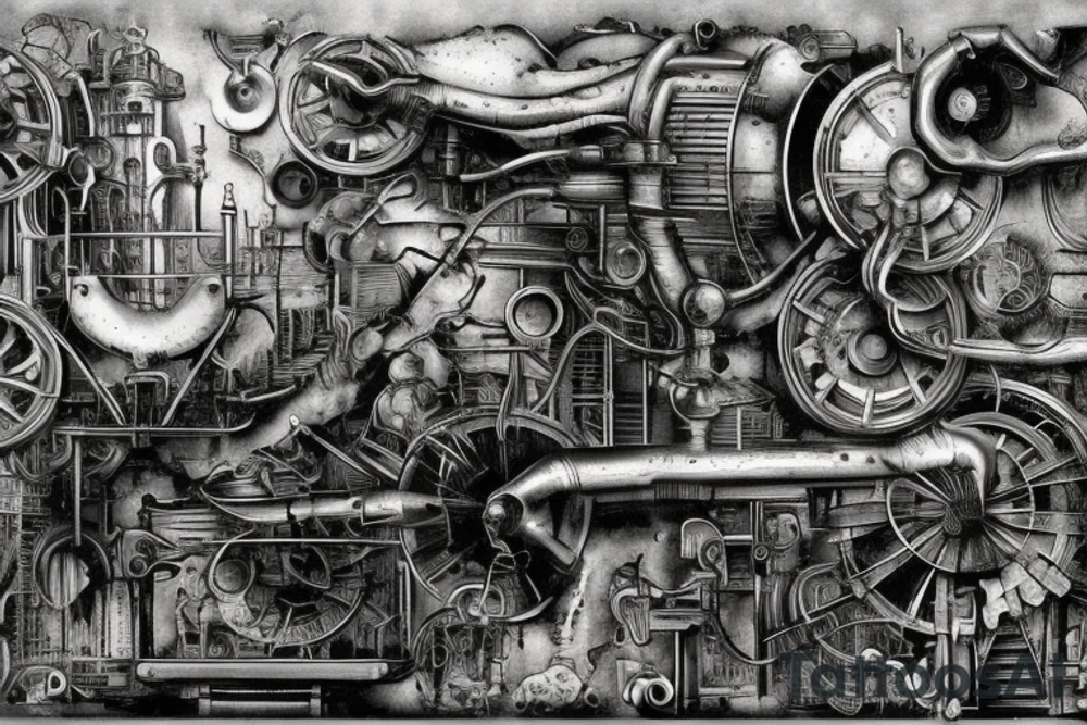 Steam-powered machine in a derelict city tattoo idea