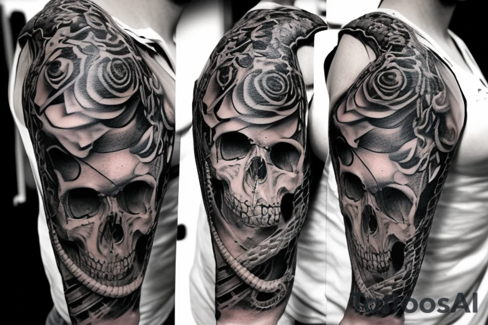 Skull with a snake and smoke as sleeve tattoo tattoo idea