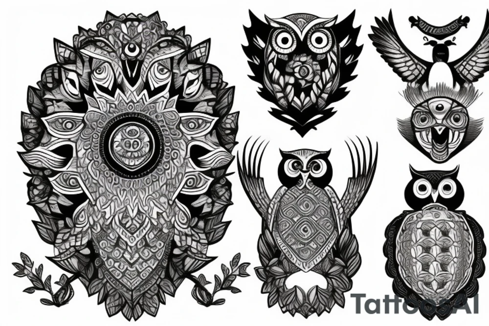 owl mixed with a turtle and lion and make it christian themed tattoo idea