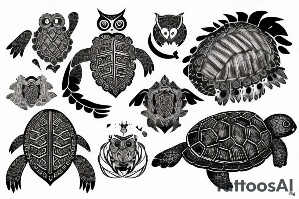owl mixed with a turtle and lion and make it christian themed tattoo idea