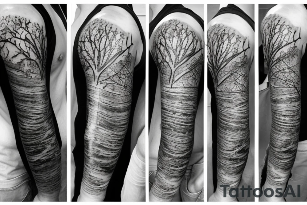 Hour glass tattoo with man turning to dirt and fading into the tree of life in the middle tattoo idea