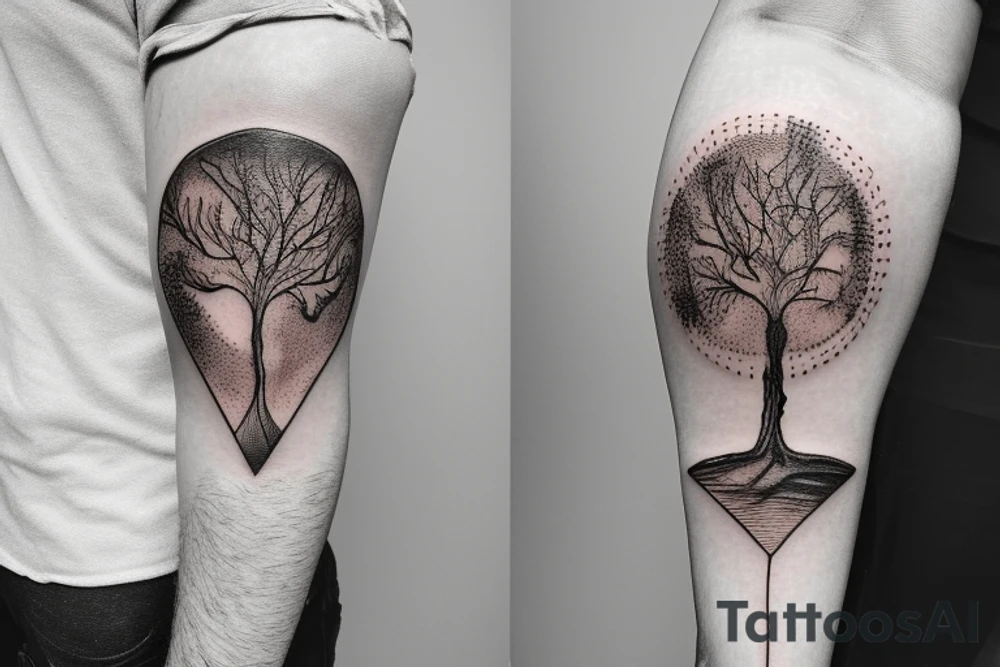 Hour glass tattoo with man turning to dirt and fading into the tree of life in the middle tattoo idea