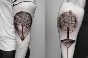 Hour glass tattoo with man turning to dirt and fading into the tree of life in the middle tattoo idea