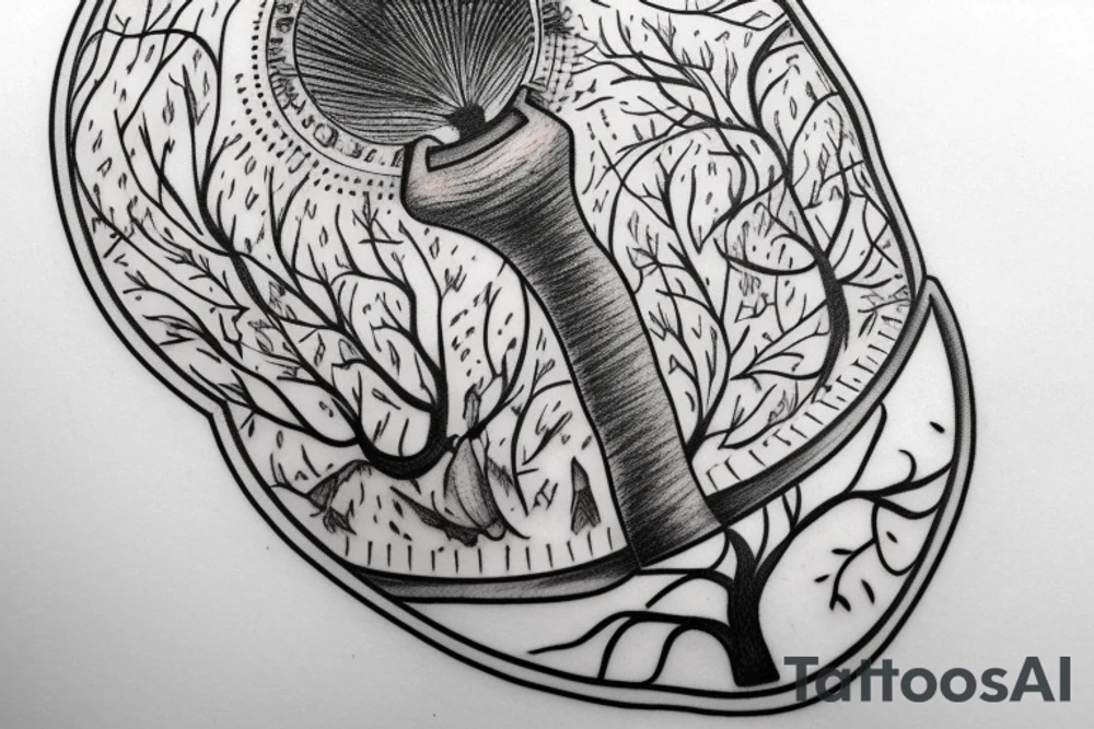Hour glass tattoo with man turning to dirt and fading into the tree of life in the middle tattoo idea