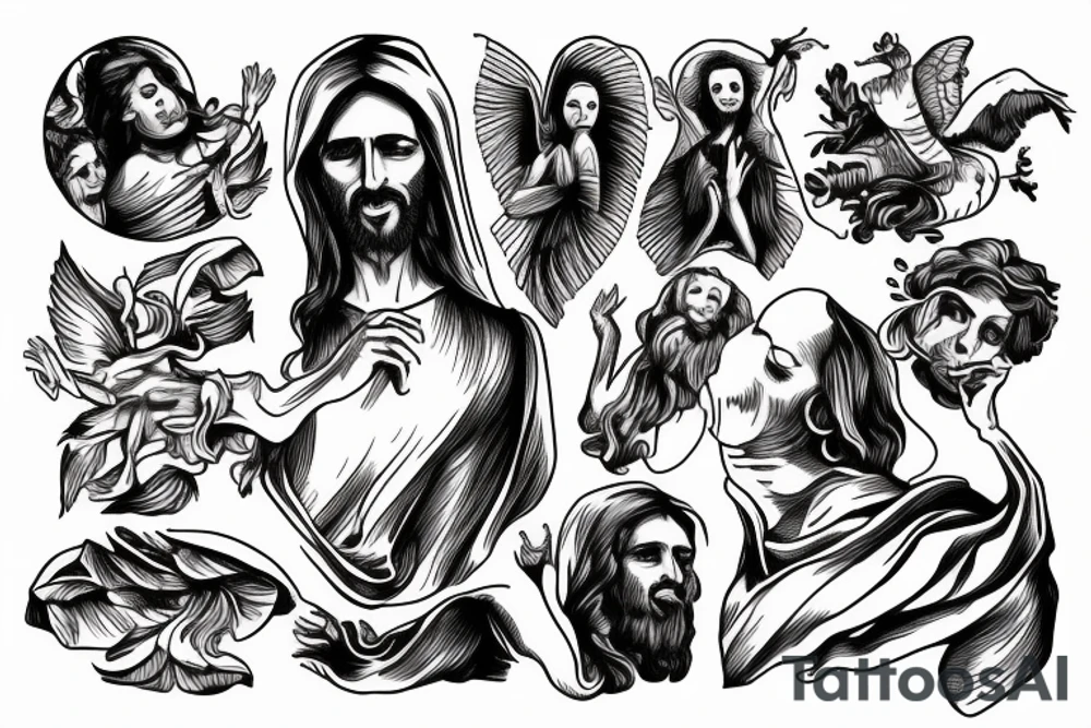 wind and smoke like a tornado around jesus holding a person tattoo idea