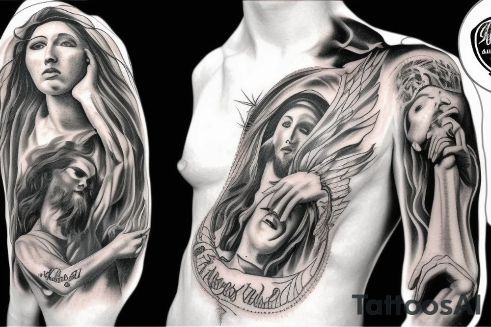 wind and smoke like a tornado around jesus holding a person tattoo idea