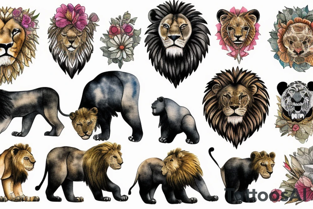 Nature with lion a bear and her cubs tattoo idea