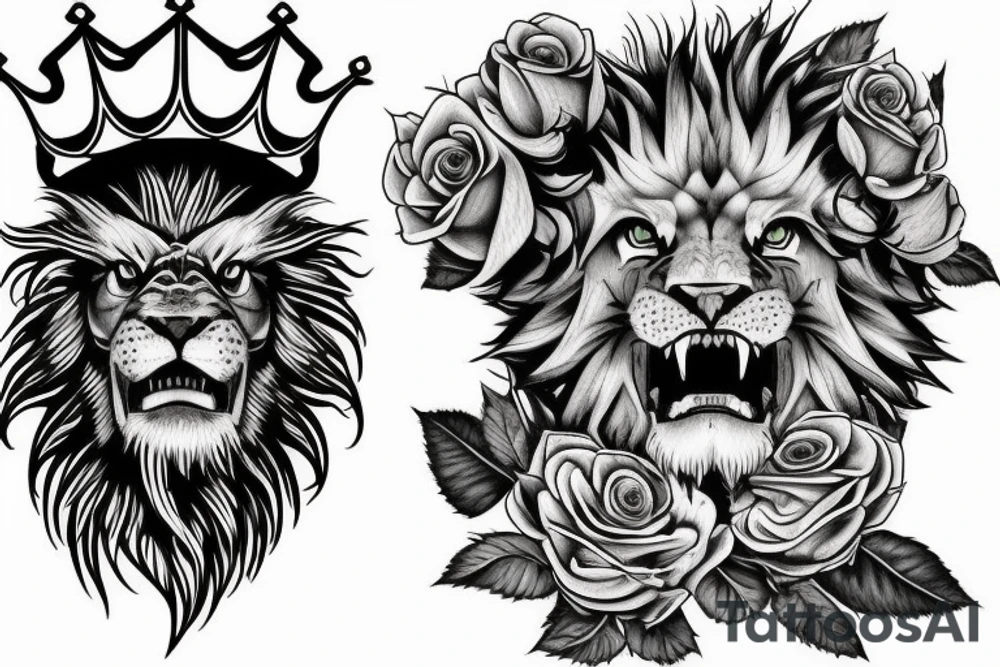 In angry lion, snarling with a Victorian king’s crown upon his head with green colored eyes below him shall be open, but roses with smoke, moving in and out of the entire composition tattoo idea