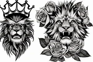 In angry lion, snarling with a Victorian king’s crown upon his head with green colored eyes below him shall be open, but roses with smoke, moving in and out of the entire composition tattoo idea