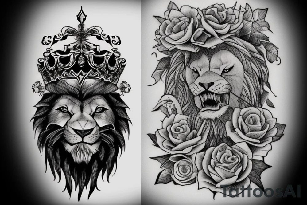 In angry lion, snarling with a Victorian king’s crown upon his head with green colored eyes below him shall be open, but roses with smoke, moving in and out of the entire composition tattoo idea