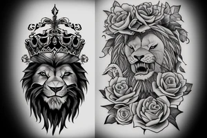 In angry lion, snarling with a Victorian king’s crown upon his head with green colored eyes below him shall be open, but roses with smoke, moving in and out of the entire composition tattoo idea