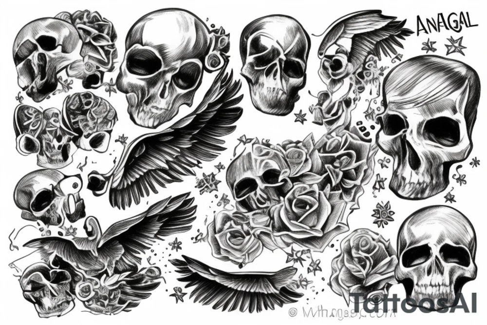 Angel lying on top of skulls tattoo idea