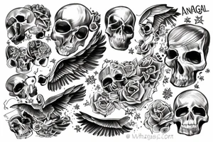 Angel lying on top of skulls tattoo idea