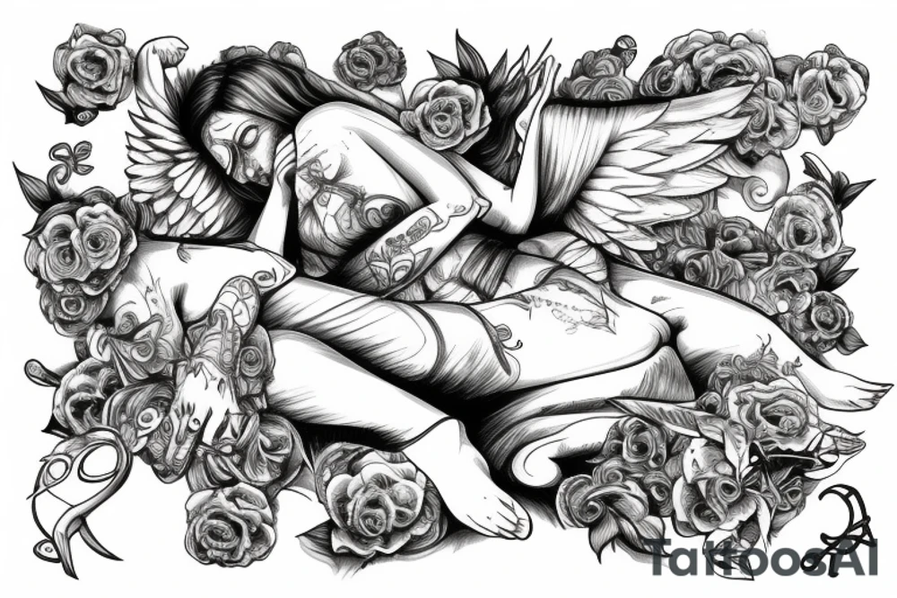 Angel lying on top of skulls tattoo idea