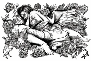 Angel lying on top of skulls tattoo idea
