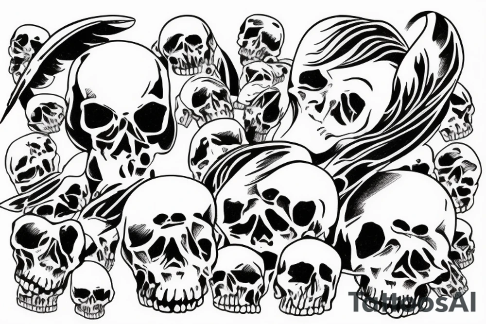 Angel lying on top of skulls tattoo idea