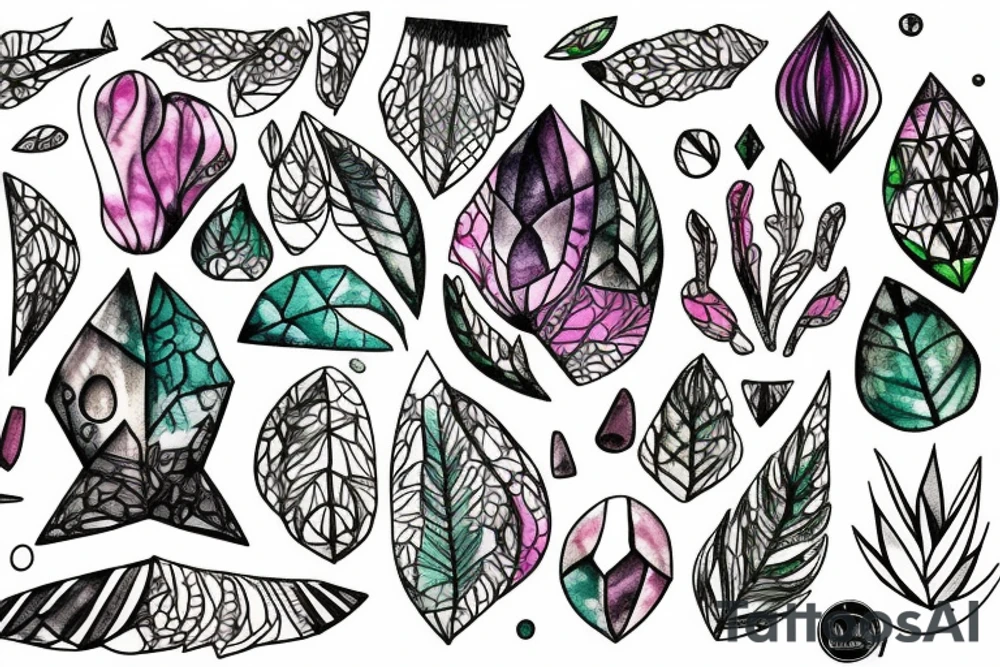 Expressive sketch Botanical with geometric accents dripping with gemstones tattoo idea
