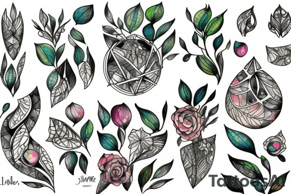 Expressive sketch Botanical with geometric accents dripping with gemstones tattoo idea