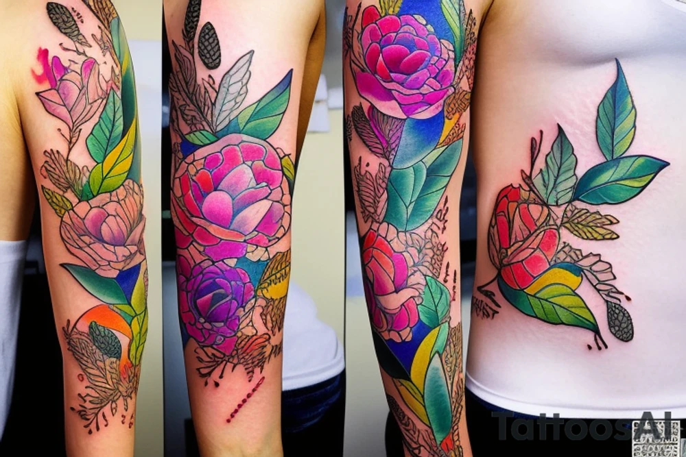 Vivid color Expressive detailed line work Botanical tattoo idea