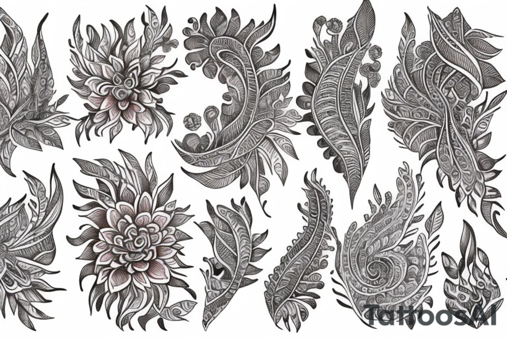 Vivid color Expressive detailed line work Botanical henna style design tattoo idea