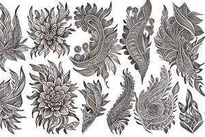 Vivid color Expressive detailed line work Botanical henna style design tattoo idea