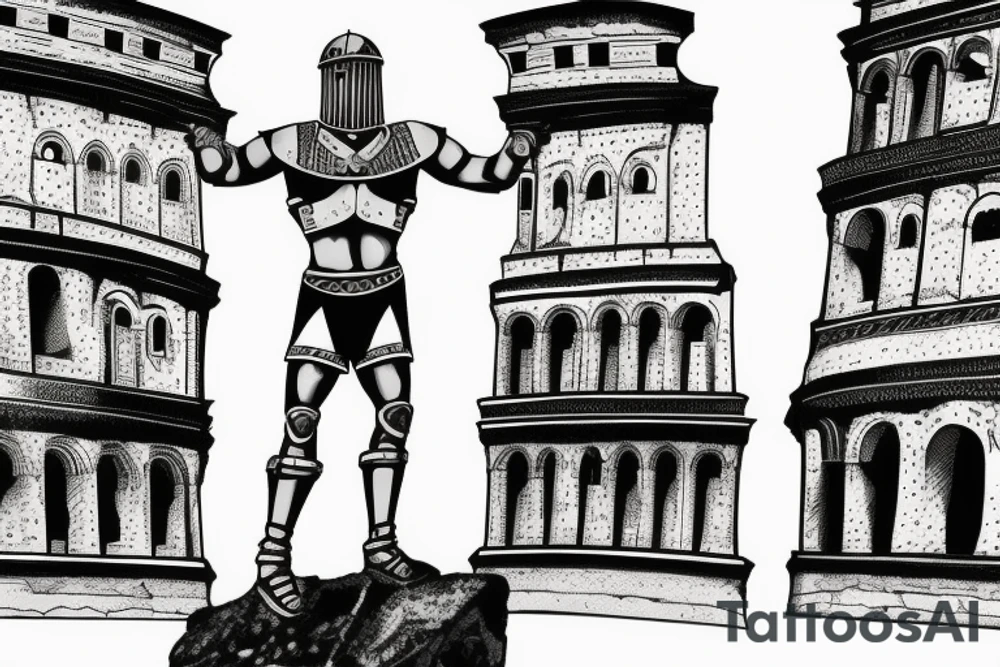 roman gladiator standing outside colosseum. tattoo idea