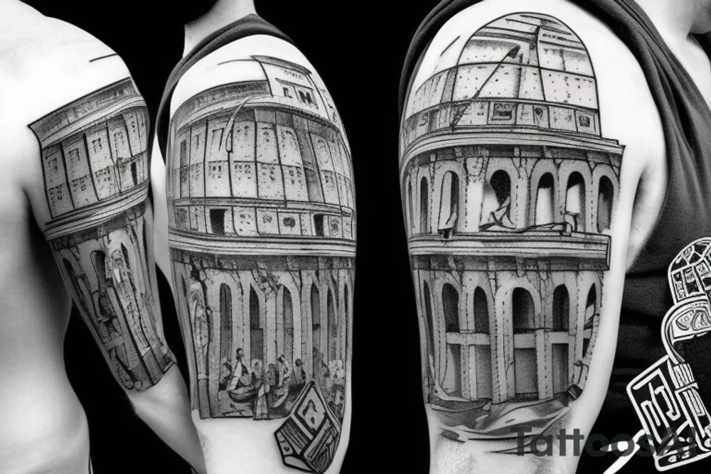 roman gladiator surrounded by colosseum. tattoo idea