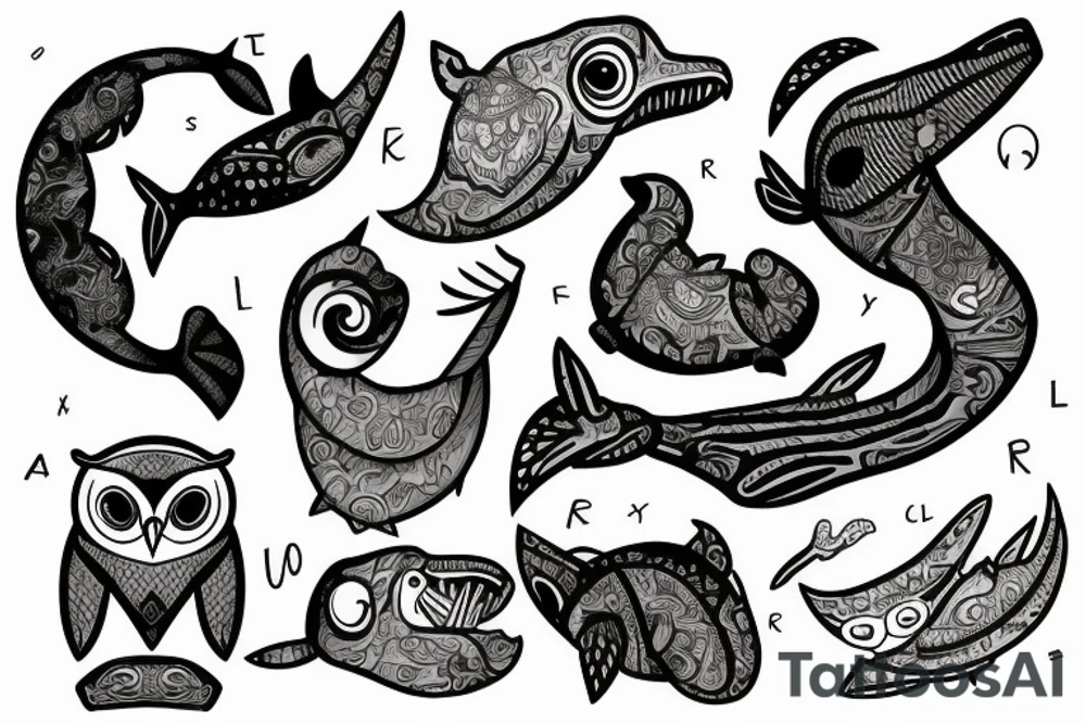 totem, whale, owl, letter A, letter R, letter T, letter H tattoo idea