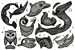 totem, whale, owl, letter A, letter R, letter T, letter H tattoo idea