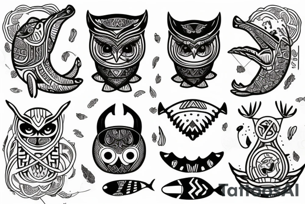 totem, whale, owl, letter A, letter R, letter T, letter H tattoo idea