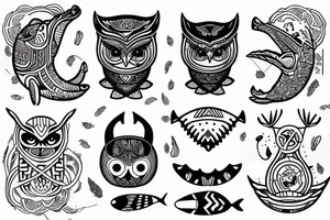 totem, whale, owl, letter A, letter R, letter T, letter H tattoo idea