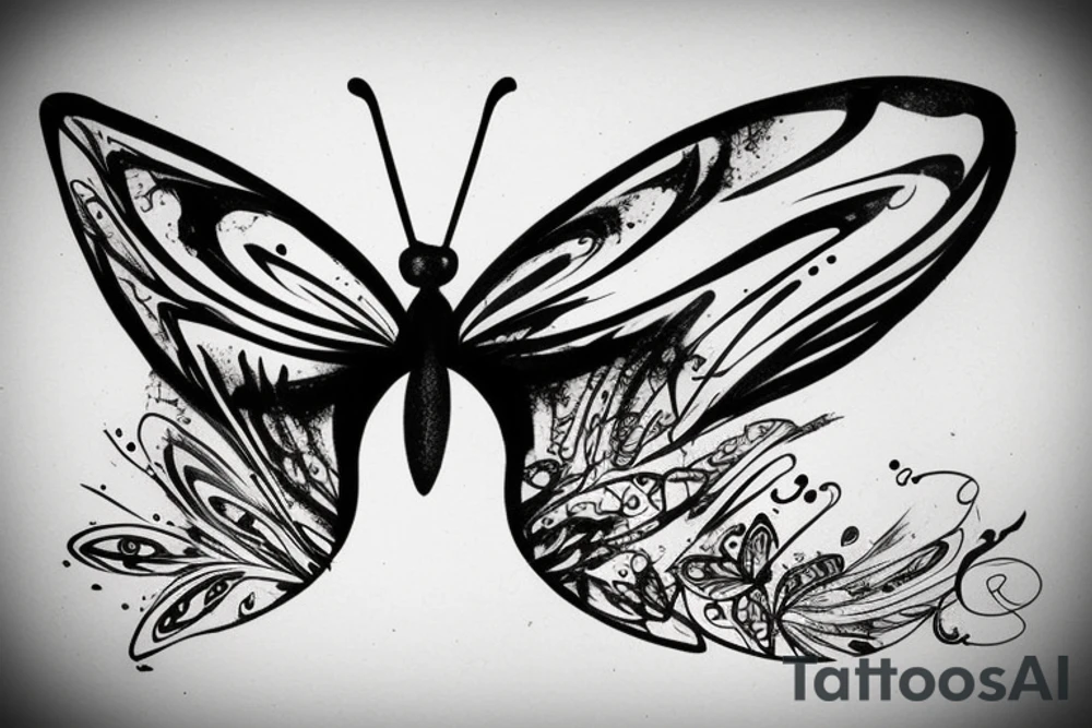An abstract butterfly like a rough sketch painted with a feather an the ink is still wet and dripping.Make it dark with a lot ink stains tattoo idea