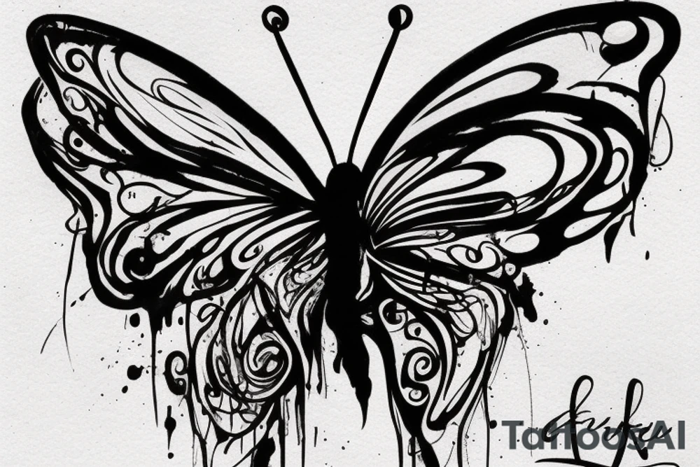 An abstract butterfly like a rough sketch painted with a feather an the ink is still wet and dripping.Make it dark with a lot ink stains tattoo idea