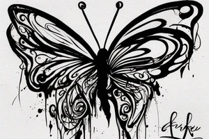 An abstract butterfly like a rough sketch painted with a feather an the ink is still wet and dripping.Make it dark with a lot ink stains tattoo idea