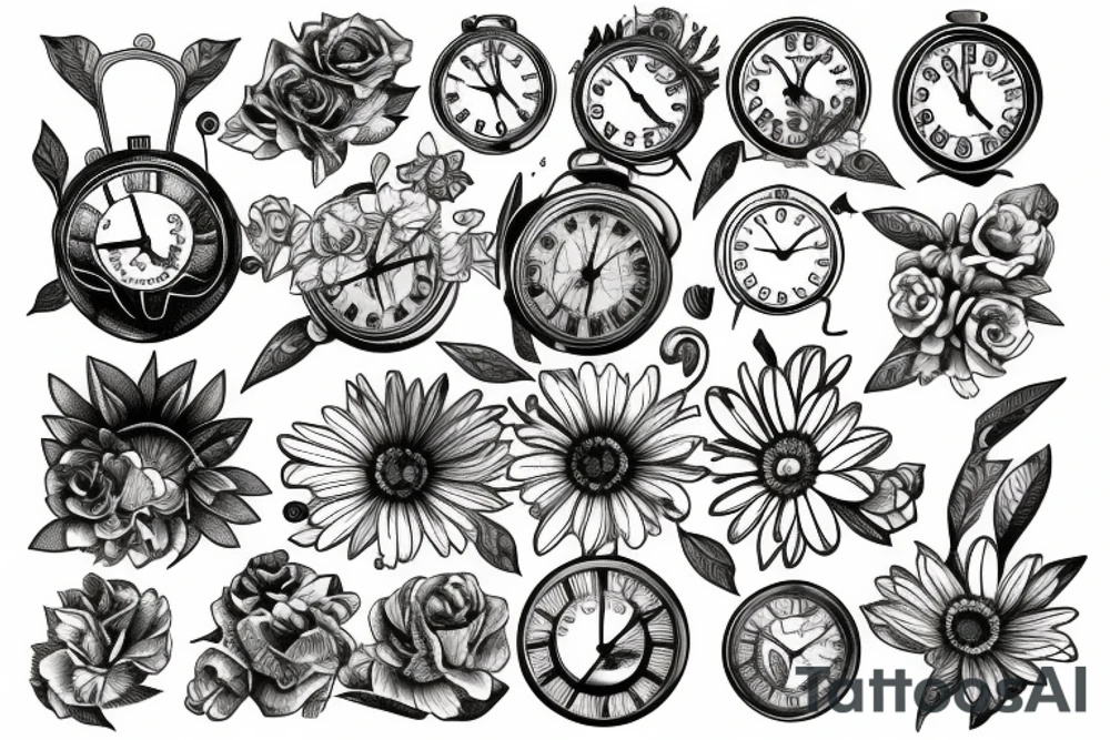 tiger eye broken clock flowers tattoo idea