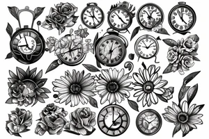 tiger eye broken clock flowers tattoo idea