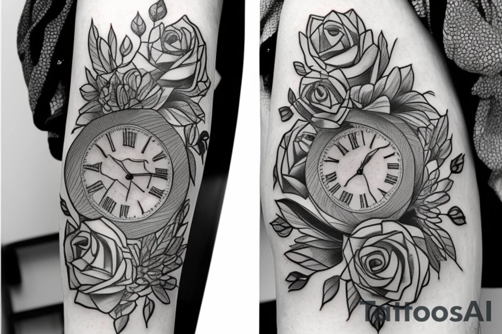 tiger eye broken clock flowers tattoo idea