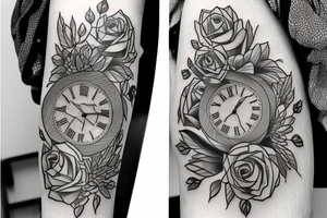 tiger eye broken clock flowers tattoo idea