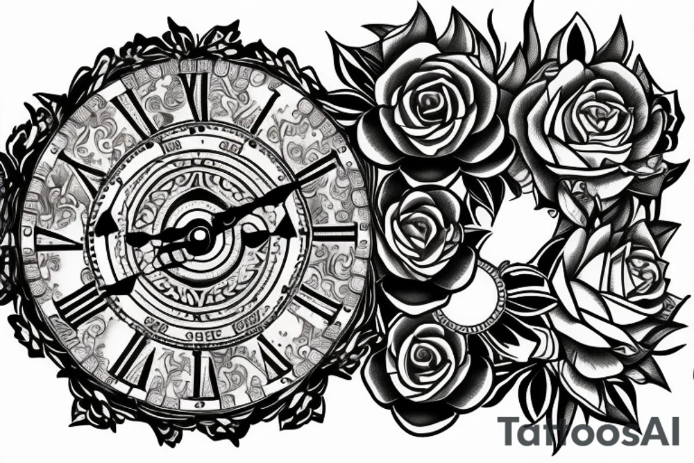 tiger eye on top broken clock with flowers tattoo idea