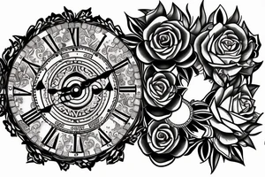tiger eye on top broken clock with flowers tattoo idea