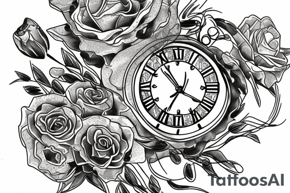 tiger eye on top broken clock with flowers tattoo idea